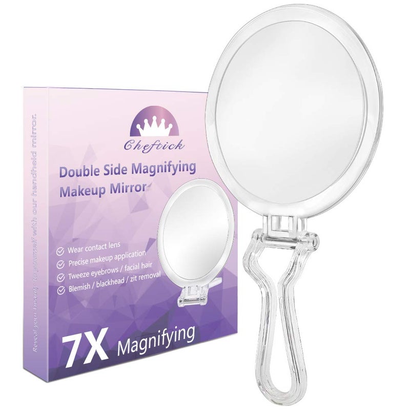 Cheftick Double Sided Hand Held Mirror - 1X & 7X Magnifying Handheld Makeup Mirror with Adjustable Folding Handle, Portable, Transparent & Round (6") - Image 1